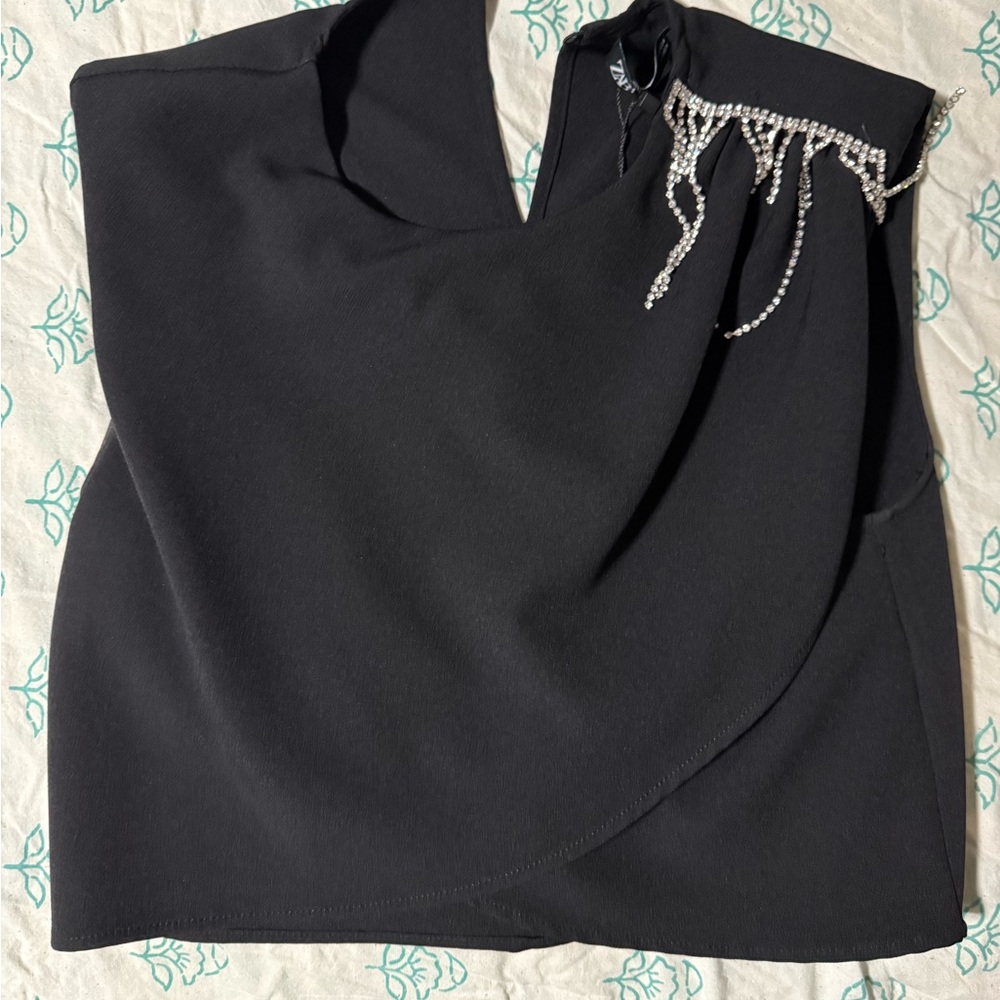 Zara Elegant Black wrap top with Rhinestone Detail